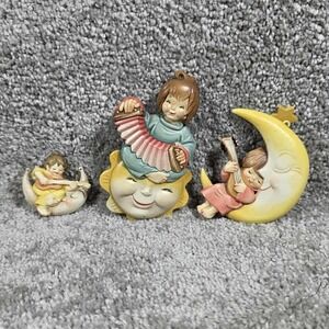 Anri Ferrandiz Sun Moon Ornaments Set 3 Italy Musical Children Wood Look Vintage